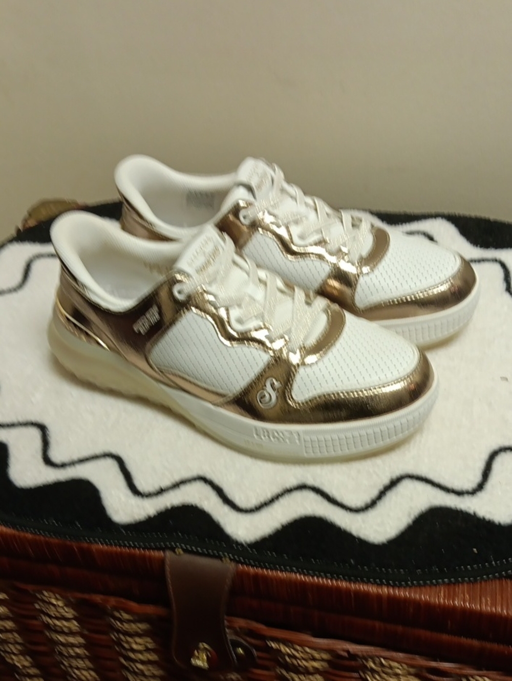 Skechers White and Metallic Gold Athletic Sneakers